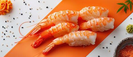 Fresh Shrimp Nigiri Sushi on Orange and White Background with Sesame Seeds and Wasabi photo
