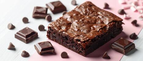 Delicious Homemade Chocolate Brownie with Chocolate Chips and Chunks on a Pink and White Background photo
