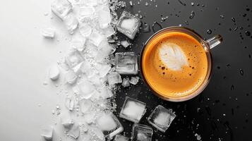 Contrast of Hot Coffee and Ice Cubes on Black and White Background - Conceptual Beverage Photography photo
