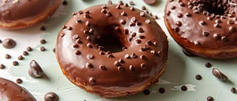 Delicious Chocolate Glazed Donuts with Chocolate Chips on Light Green Background photo