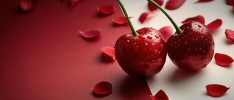 Fresh Red Cherries with Water Droplets and Rose Petals on a Two-Tone Background photo