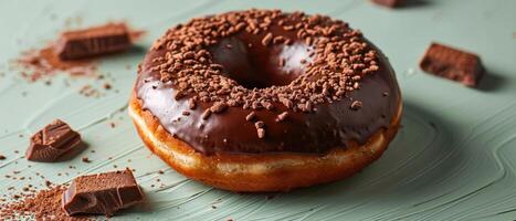 Delicious Chocolate Donut with Sprinkles on a Green Background - Perfect for Dessert and Pastry Lovers photo