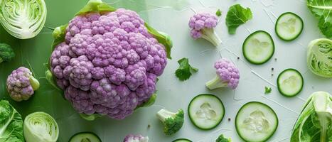 Fresh Purple Cauliflower and Green Vegetables on Light Green Background - Healthy Eating and Organic Food Concept photo