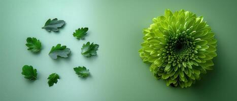 Minimalist Green Composition with Leaves and Chrysanthemum Flower on Gradient Background photo