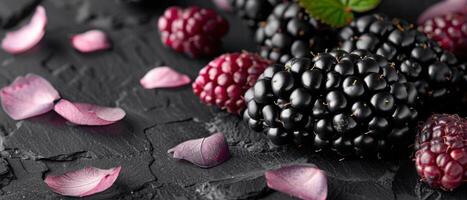 Fresh Blackberries and Raspberries with Petals on Dark Slate Background photo