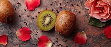 Fresh Kiwi Fruit with Rose Petals on Artistic Background - Vibrant and Colorful Still Life Photography photo