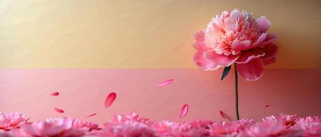 Beautiful Pink Peony Flower with Petals Falling Against a Pastel Background photo