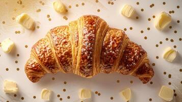 Freshly Baked Croissant with Butter and Golden Confetti on White Background photo