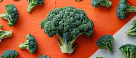 Fresh Broccoli Florets on Vibrant Orange and White Background - Healthy Green Vegetable photo