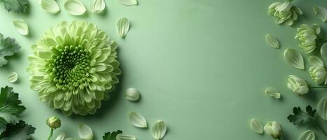 Elegant Green Chrysanthemum Flower with Petals and Leaves on a Green Background - Nature and Floral Concept photo