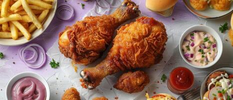 Delicious Crispy Fried Chicken Drumsticks with Fries and Dipping Sauces on a Rustic Table photo
