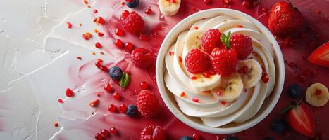 Delicious Yogurt Bowl with Fresh Berries and Banana Slices on Artistic Background photo