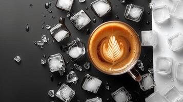 Iced Coffee with Latte Art Surrounded by Ice Cubes on a Black and White Background photo