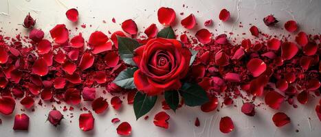 Elegant Red Rose Surrounded by Petals on Textured White Background - Perfect for Romantic and Floral Themes photo