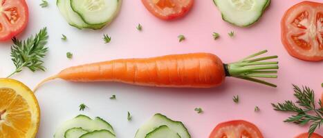 Fresh Carrot with Sliced Vegetables on Gradient Background - Healthy Food Concept photo