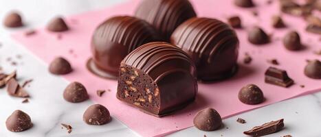 Delicious Gourmet Chocolate Truffles on Pink Background with Chocolate Pieces and Nuts photo