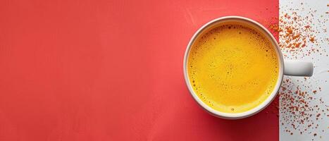 Top View of a Cup of Golden Turmeric Latte on a Red and White Background with Spices photo