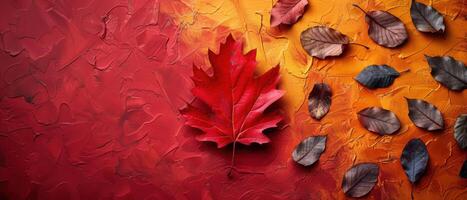 Vibrant Autumn Leaves on Textured Background with Red and Orange Hues photo