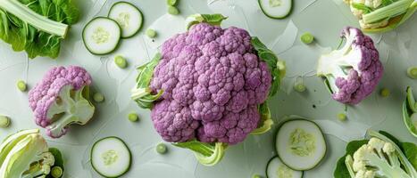 Fresh Purple Cauliflower with Sliced Cucumbers and Green Vegetables on Light Background photo