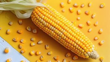 Fresh Yellow Corn on Cob with Scattered Kernels on Vibrant Yellow Background photo