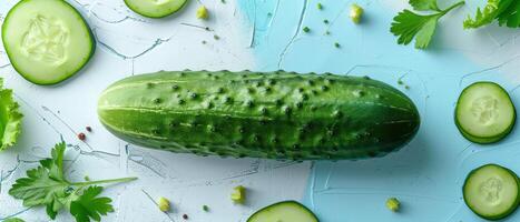 Fresh Green Cucumber on Light Blue Background with Sliced Pieces and Parsley photo