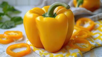 Fresh Yellow Bell Pepper on a Kitchen Counter with Sliced Rings and Green Leaves in Background photo
