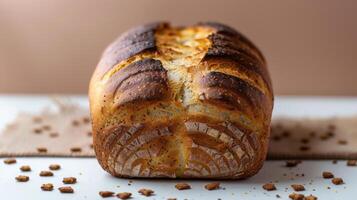 Freshly Baked Artisan Bread Loaf with Golden Crust and Decorative Scoring on Rustic Burlap Background photo