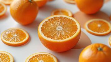 Fresh and Juicy Oranges with Sliced Halves on a White Background in Natural Light photo