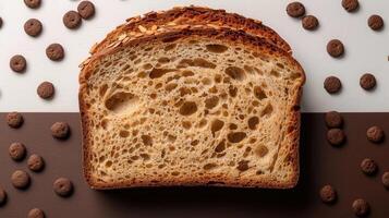 Freshly Baked Whole Grain Bread Slice with Seeds on a Two-Tone Background Surrounded by Chocolate Cereal photo