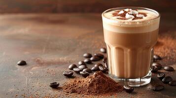 Delicious Hot Chocolate with Whipped Cream and Cocoa Powder on Rustic Background photo