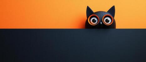 Cute Black Cat with Big Eyes Peeking Over a Black and Orange Background, Minimalist Design, Perfect for Halloween or Animal-Themed Projects photo