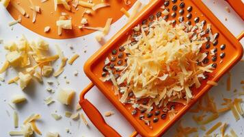 Close-Up of Freshly Grated Cheese on Orange Grater with Cheese Shavings on White Surface photo