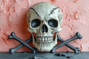 Realistic Skull and Crossbones Against Textured Pink Wall - Halloween Decor and Gothic Art photo