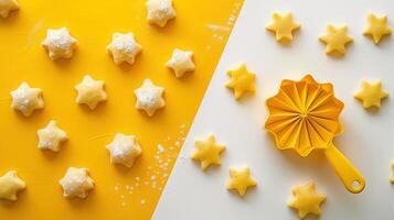 Bright Yellow Star-Shaped Cookies with Matching Cookie Cutter on a Split Yellow and White Background photo