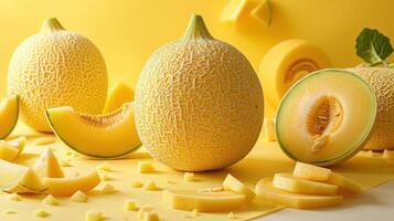 Fresh Whole and Sliced Melons on Yellow Background with Leaves and Pieces, Vibrant and Juicy Summer Fruit photo