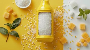 Colorful Arrangement of Sugar Cubes and Granulated Sugar in Yellow Bottle on Vibrant Yellow and White Background photo