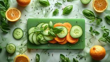Fresh Sliced Cucumbers and Carrots on Green Cutting Board with Oranges and Basil Leaves photo