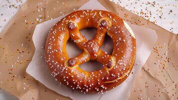 Freshly Baked Soft Pretzel with Salt Crystals on Parchment Paper - Close-Up Food Photography photo