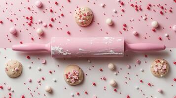 Pink Rolling Pin with Cookies and Sprinkles on a Pastel Background photo
