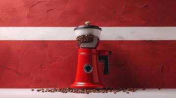 Retro Red Coffee Grinder with Coffee Beans Against Textured Red and White Background photo