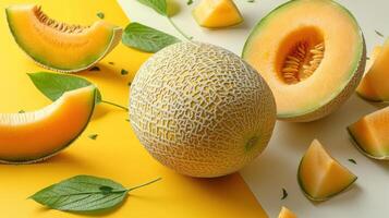Fresh Cantaloupe Melon with Slices and Leaves on a Vibrant Yellow and White Background photo