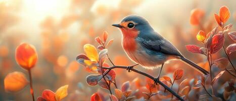 Beautiful Robin Perched on a Branch with Autumn Leaves and Warm Sunlight in the Background photo