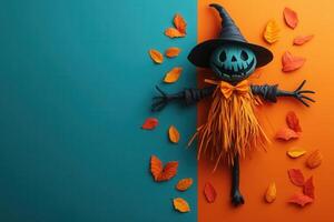 Colorful Halloween Scarecrow Decoration with Autumn Leaves on Split Blue and Orange Background photo