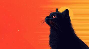Illustration of a Black Cat with Orange Eyes Against a Vibrant Red and Orange Background with Stars photo