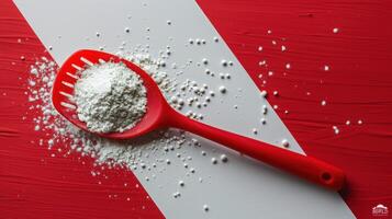 Red Spoon with White Powder on Red and White Striped Background - Culinary and Baking Concept photo