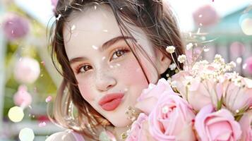 Young Woman Holding Pink Roses with Freckles and Petals Falling in Background, Close-Up Portrait photo