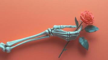 Skeleton Hand Holding a Rose Against an Orange Background - Surreal and Artistic Conceptual Image photo