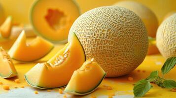 Fresh Cantaloupe Melon with Slices on Yellow Background - Vibrant and Juicy Summer Fruit photo