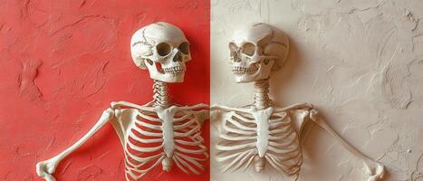 Human Skeleton Model Against Split Red and Beige Textured Background for Medical and Artistic Use photo