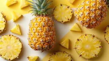 Fresh Pineapples and Slices on a Yellow Background - Vibrant Tropical Fruit Arrangement photo
